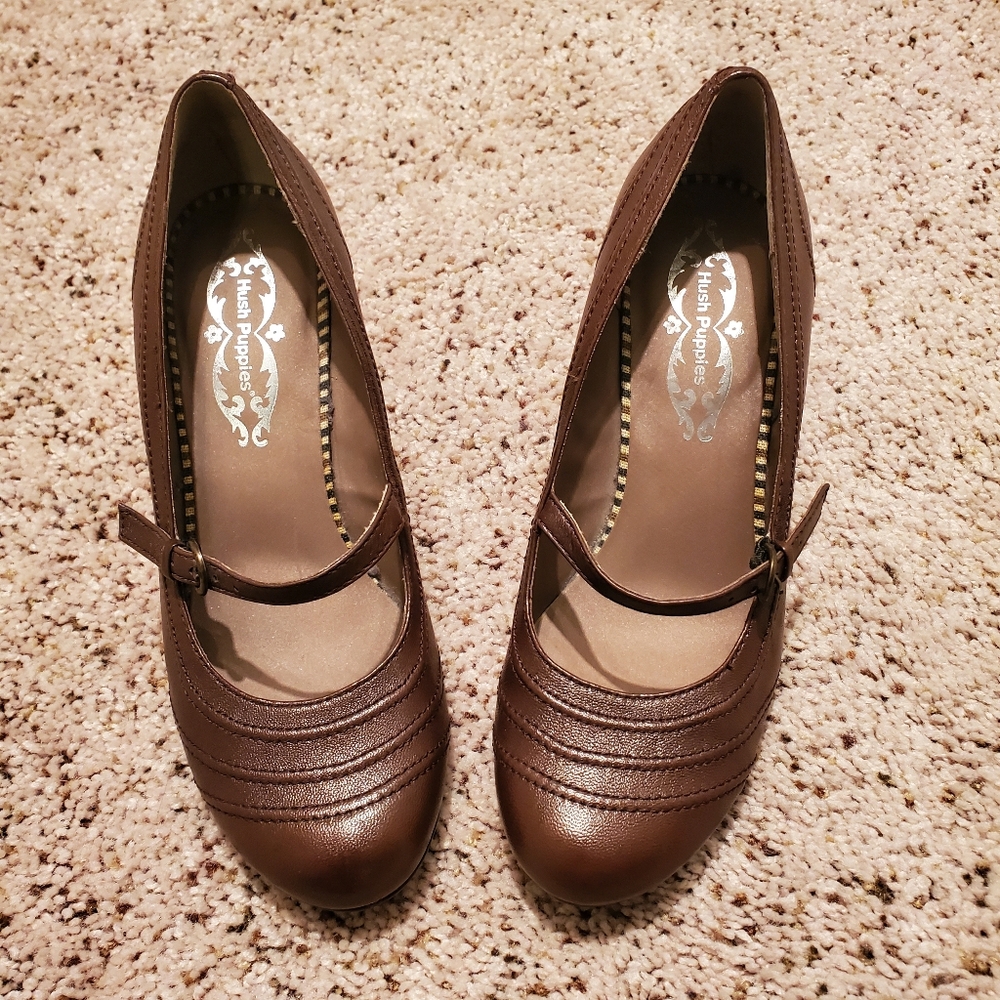 Brown Hush Puppies Mary Jane Leather Pumps Womens 7